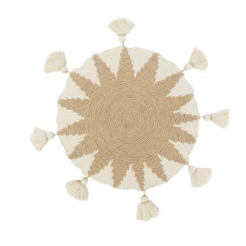 BALI - Rond kussen van katoen en jute met pompons, ecru, ∅ 35 cm