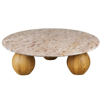 Ronde salontafel van steen en massief mangohout D100