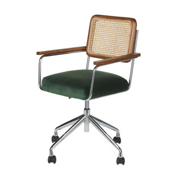 Rosalie - Silla escritorio ajustable en altura de terciopelo verde y rejilla de ratán con ruedas