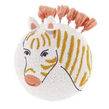ROSITA - Almofada redonda com forma de zebra bordada em poliéster reciclado com tecido bouclé e pompons multicolores D35