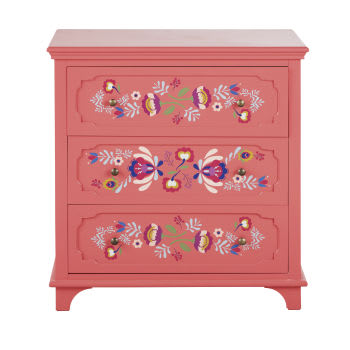 Roulotte - Cómoda con 3 cajones rosa con detalles decorativos multicolor