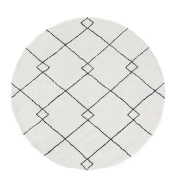 ELSULA - Runder getufteter Teppich in Weiß mit schwarzem Motiv, D180cm