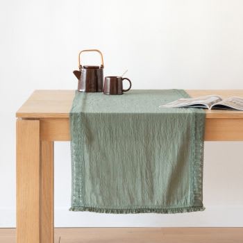 Magdi - Runner in cotone con frange e pizzo verde 50x160 cm