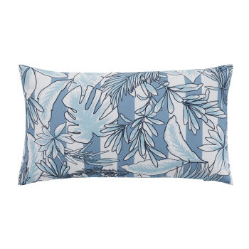 SABLETTES - Gestreept blauw en ecru kussen met plantenmotief 50 x 30 cm