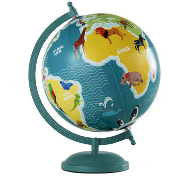 SAFARI - Wereldbol van metaal met blauwe en meerkleurige wereldkaart en dieren