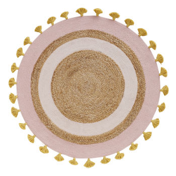 SAHARI - Tappeto per bambini rotondo in iuta intrecciata e cotone con pompon, D.100 cm