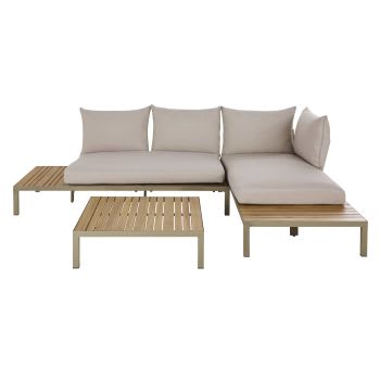 Salvia - Salon modulable de jardin 4/6 places en acacia massif coloris imitation teck, aluminium vert kaki et coussins gris