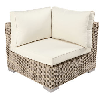 Sardaigne - Angolo per divano da giardino modulare in resina riciclata intrecciata beige e cuscini in poliestere riciclato ecrù