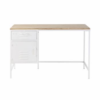 Sunset - Schreibtisch mit 1 Schublade und 1 Tür aus weißem Metall und Tannenholz