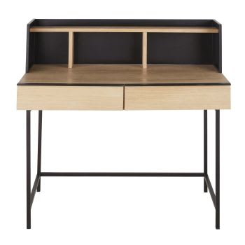 Schreibtisch mit 2 Schubladen und 3 Fächern, beige und schwarz