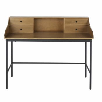 Schreibtisch mit 4 Schubladen und 1 Fach aus Kiefernholz und schwarzem Metall
