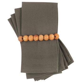 MINA - Servietten aus Bio-Baumwolle mit Perlenkette aus Sheesham-Holz, khakigrün, 30x30cm, Set aus 4