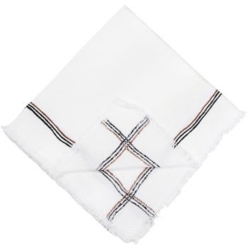 AMATA - Servilleta de algodón lavado ecológico blanco con bordados a rayas en marrón y negro con flecos, 45x45 (x2)