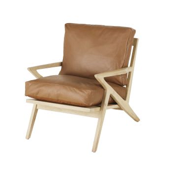 Sessel aus braunem Leder und Mangoholz