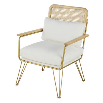 Rosalie - Sessel aus ecrufarbenem Rattangeflecht mit Füßen aus goldfarbenem Metall
