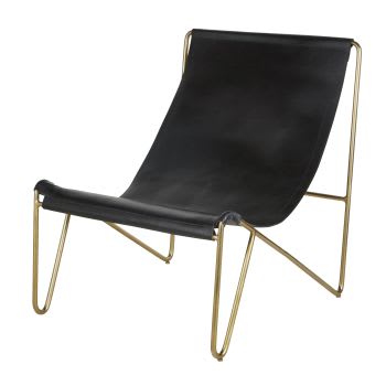 Sessel aus schwarzem Leder und messingfarbenem Metall