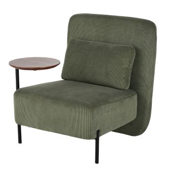 Sessel für gewerbliche Nutzung mit olivgrünem Cordsamtstoff und abnehmbarer Ablage