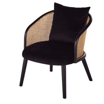 Sockette - Sessel mit schwarzem Samtbezug und Rattangeflecht