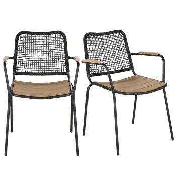 ADNA - Set aus 2 Gartenstühlen zur gewerblichen Nutzung aus schwarzem Stahl und Akazienholz