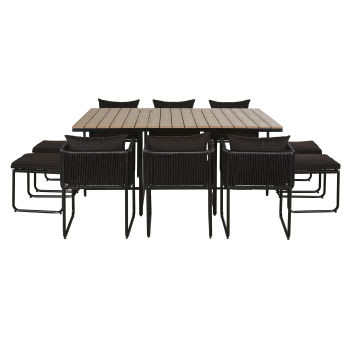 Swann - Set aus Gartentisch aus Verbundwerkstoff in Teak-Optik für 6/10 Personen, L170cm, 6 Sesseln und 4 Hockern aus schwarzem Kunstharz