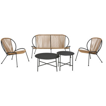 Nosara - Set di mobili da giardino a 4 posti in acciaio nero e resina imitazione rattan