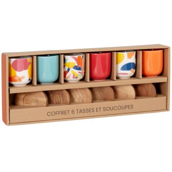 SINO - Set di tazze in gres multicolore (x6) e piattini in legno di acacia