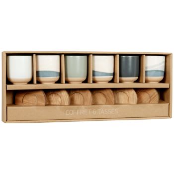 DOLICHE - Set met crèmekleurige en blauwe kopjes van keramiek (x6) en acaciahouten schoteltjes