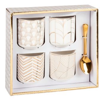MILAN - Set mit Tassen aus weißem Porzellan mit grafischen Motiven (x4) und Löffeln aus goldfarbenem Metall