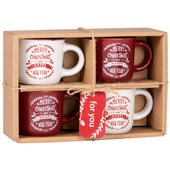 Set of 4 Red and White Stoneware Cups