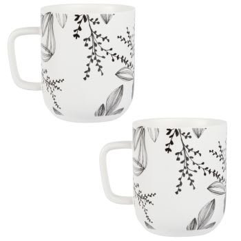 SHODO - Lot de 2 - Mug en porcelaine blanche motif floral noir