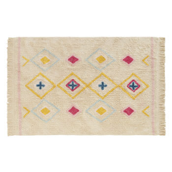 SIWANA - Alfombra bereber de algodón blanco con motivos decorativos multicolor 120x180
