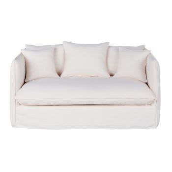 Louvain - Slaapbank van stof met linnen effect en 2 zitplaatsen, wit, matras van 10 cm