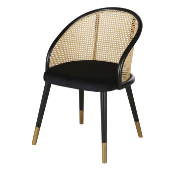 Sockette - Cadeira com apoios para braços em veludo preto e palhinha de rattan