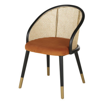 Sockette - Stuhl mit Armlehnen, orangebraunem Samtbezug und aus Rattangeflecht