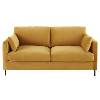 Julian - Sofá-cama de 2/3 lugares em veludo amarelo-mostarda, colchão 10 cm