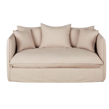 Louvain - Sofá cama de 2 plazas de tela beige efecto lino, colchón 10 cm