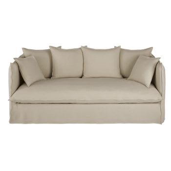 Louvain - Sofá cama de 3/4 plazas de lino superior beige, colchón de 10 cm