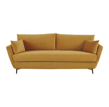 Sofá cama de 3/4 plazas de terciopelo amarillo mostaza
