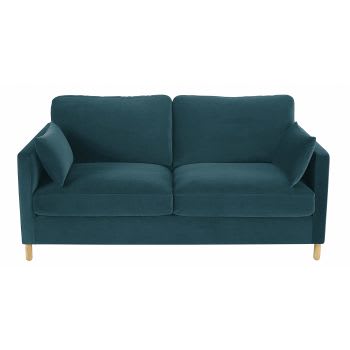 Julian - Sofá-cama de 3 lugares de veludo azul-esverdeado, colchão 14 cm