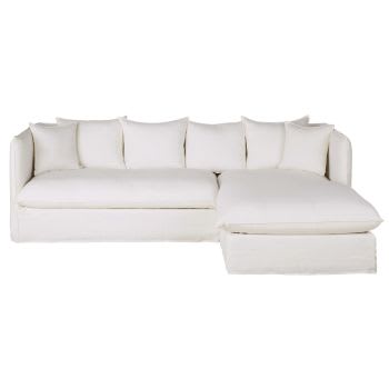 Louvain - Sofá-cama de canto direito de 4/5 lugares efeito linho enrugado branco, colchão 10 cm