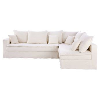 Celestin - Sofá-cama de canto direito de 4/5 lugares efeito linho enrugado branco, colchão 6 cm