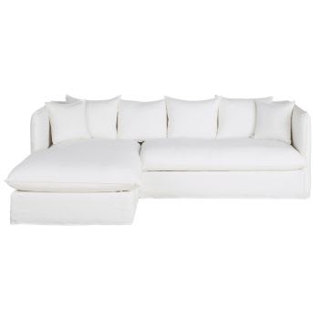 Louvain - Sofá-cama de canto esquerdo de 3/4 lugares em linho enrugado branco, colchão 10 cm