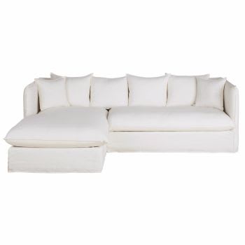Louvain - Sofá-cama de canto esquerdo de 4/5 lugares efeito linho enrugado branco, colchão 10 cm