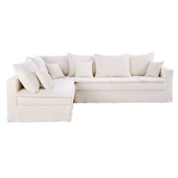 Celestin - Sofá-cama de canto esquerdo de 4/5 lugares efeito linho enrugado branco, colchão 6 cm