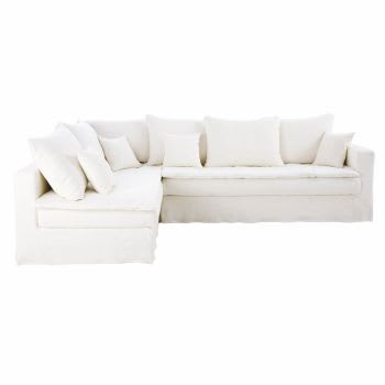 Celestin - Sofá-cama de canto esquerdo de 5/6 lugares em linho de alta qualidade branco, colchão 6 cm