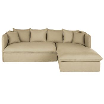 Louvain - Sofá esquinero derecho convertible de 3/4 plazas de lino arrugado beige caramelo, colchón de 10 cm