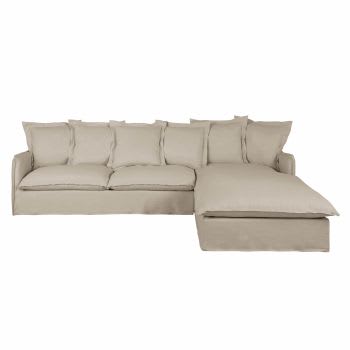 Barcelone - Sofá esquinero derecho convertible de 5/6 plazas de lino superior beige, colchón de 6 cm