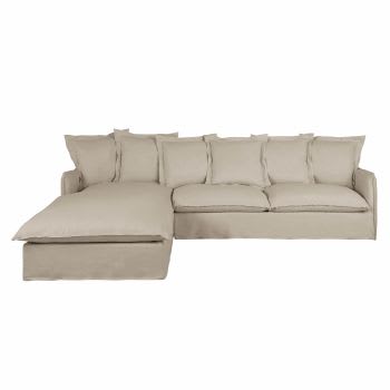 Barcelone - Sofá esquinero izquierdo convertible de 5/6 plazas de lino superior beige, colchón de 6 cm