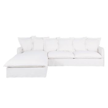 Barcelone - Sofá esquinero izquierdo convertible de 5/6 plazas de lino superior blanco, colchón de 6 cm