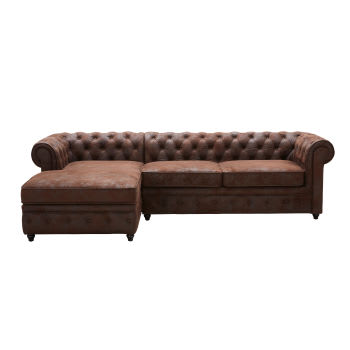 Chesterfield - Sofá esquinero izquierdo convertible de 5 plazas de antelina marrón, colchón de 8 cm